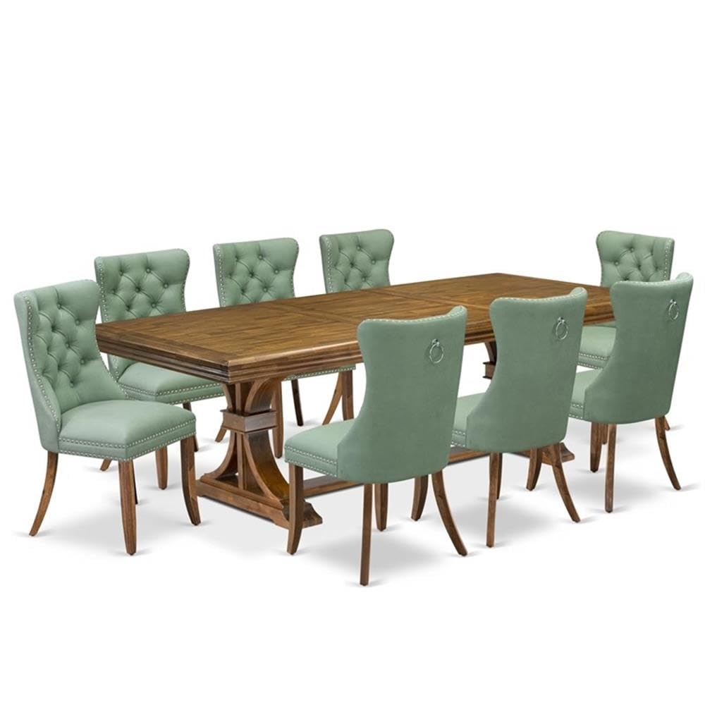 9-Piece Acacia Wood Dining Table Set with Green Faux Leather Chairs R488879