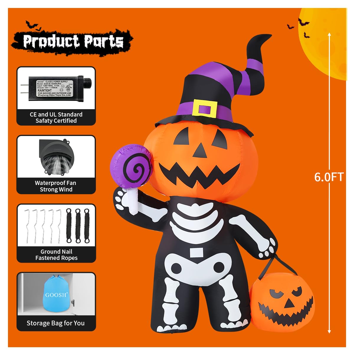 6 FT Inflatable Pumpkin Skull Outdoor Decoration with Built-in LEDs A8367