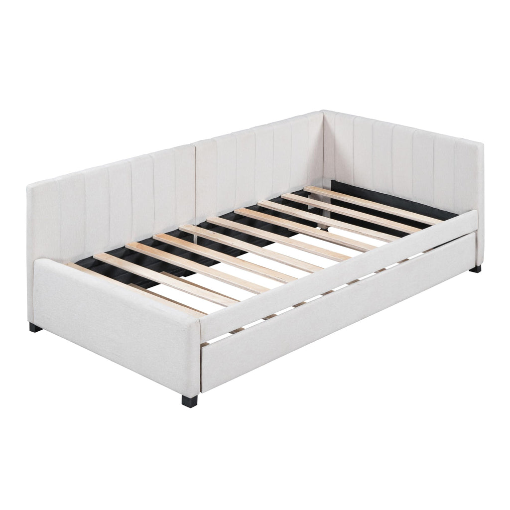 Upholstered Daybed with Trundle Linen Fabric Beige Twin C6682
