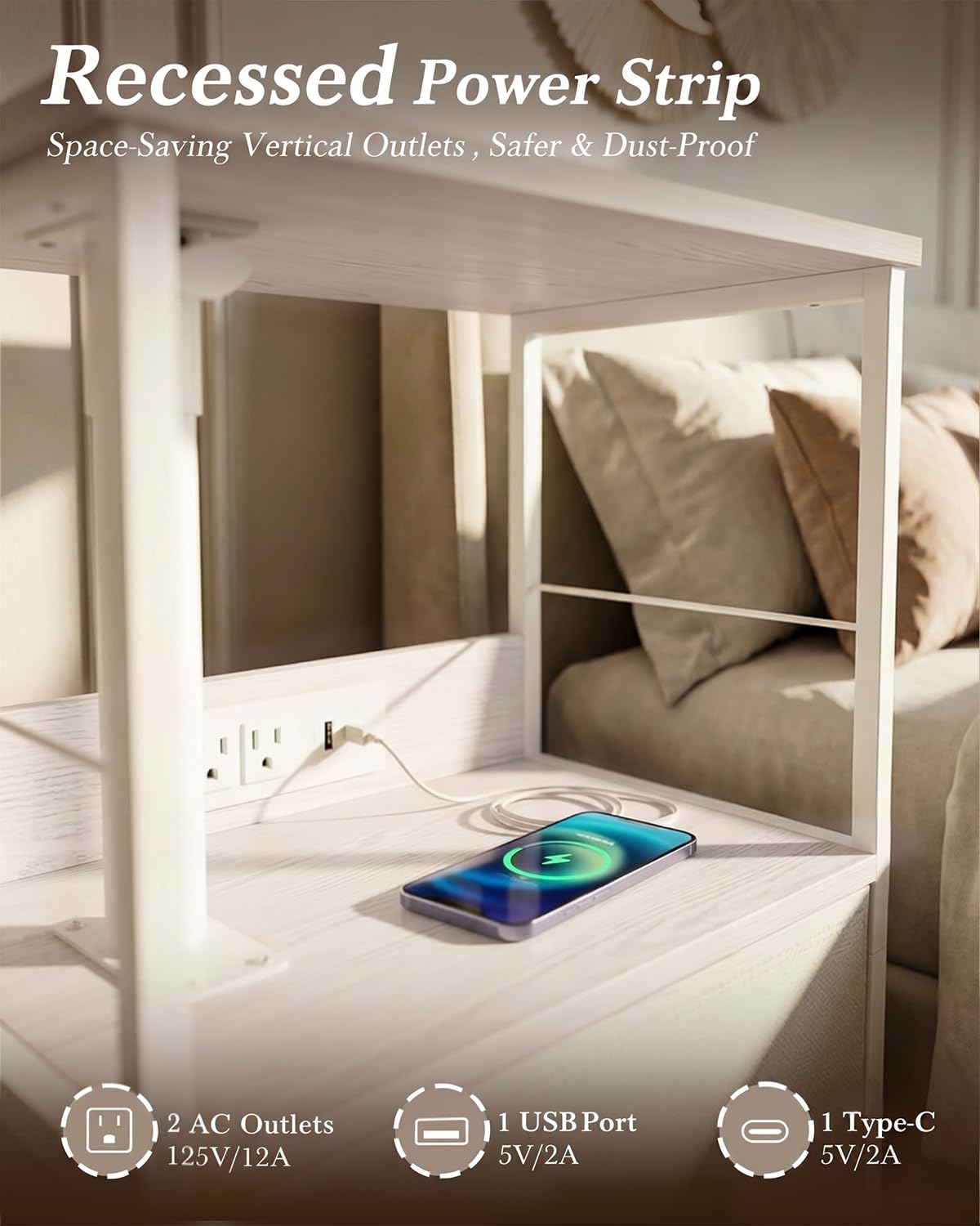 White Night Stand with Charging Station & Swivel Top M9226