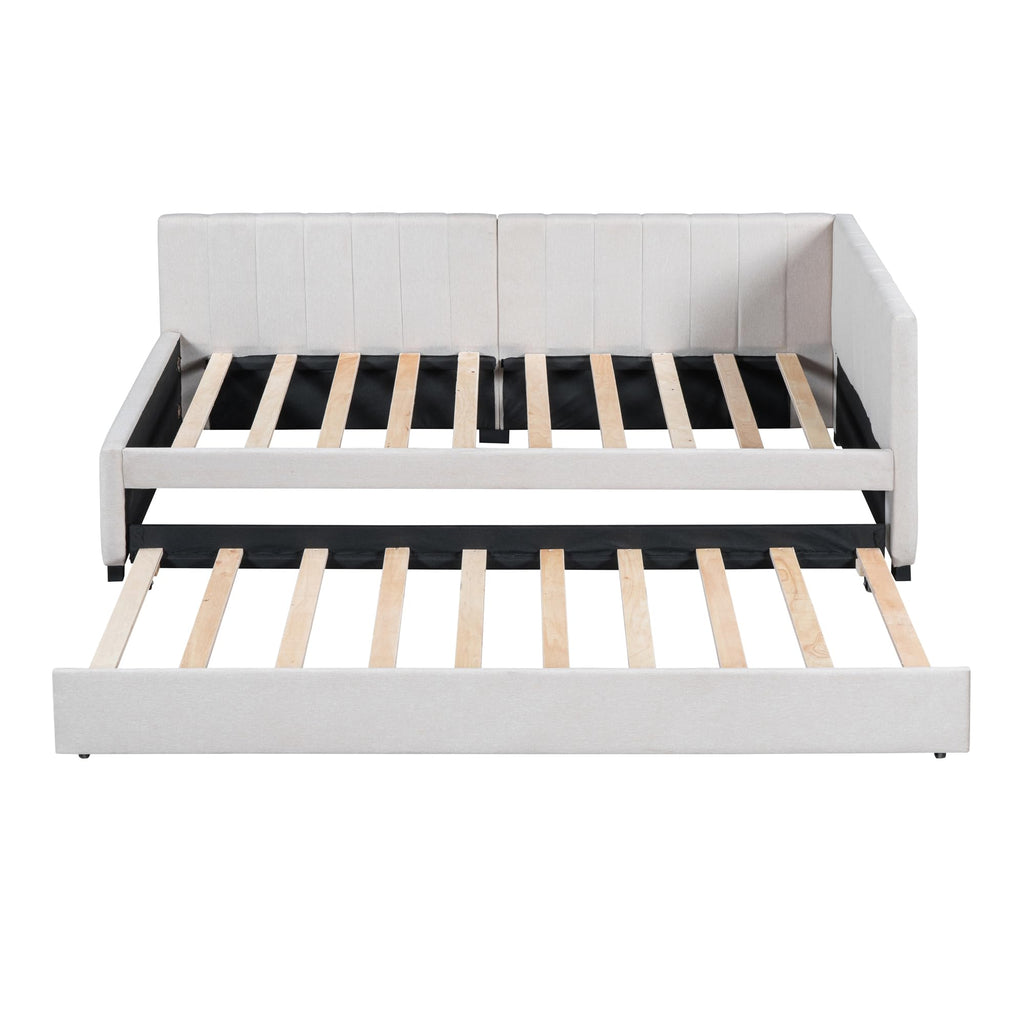 Upholstered Daybed with Trundle Linen Fabric Beige Twin C6682