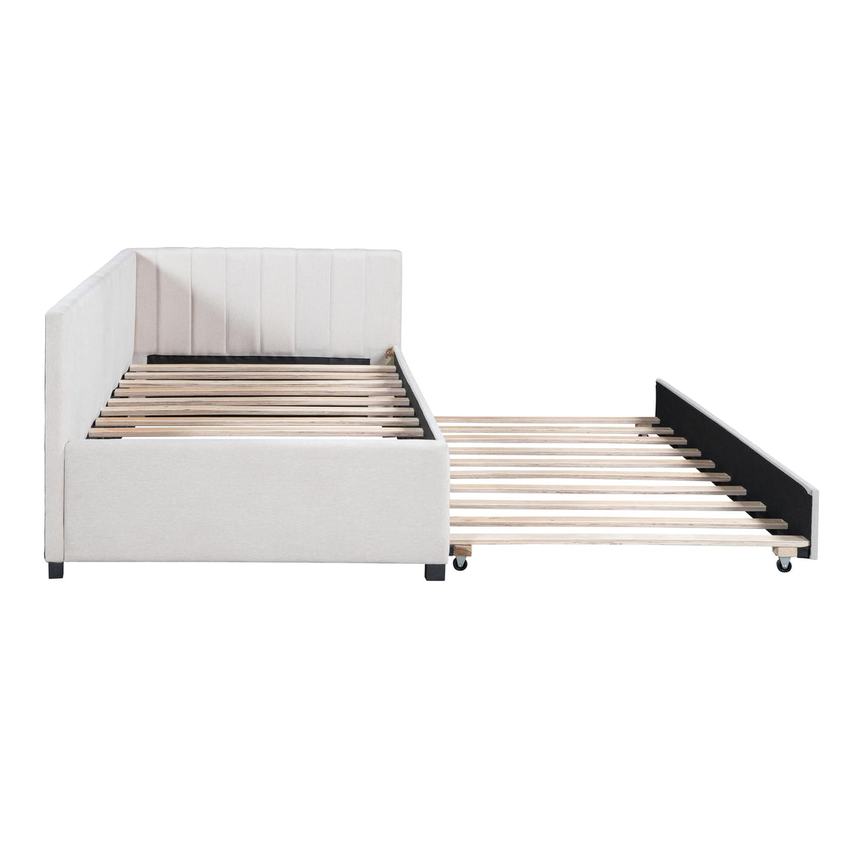 Upholstered Daybed with Trundle Linen Fabric Beige Twin C6682