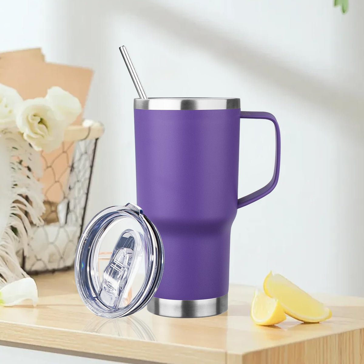 20oz Insulated Stainless Steel Tumbler with Handle and Straw I6234