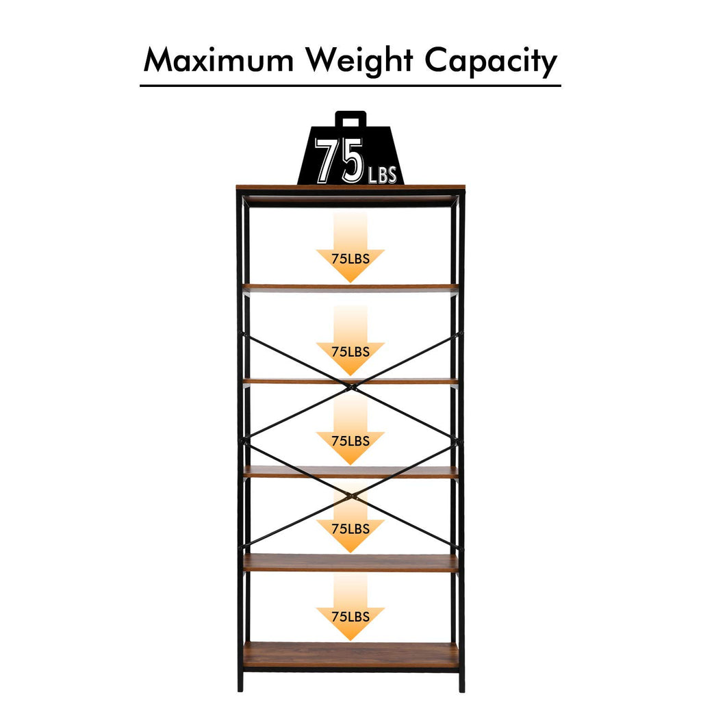 71" Tall 5 Tier Wood and Metal Bookshelf W31015