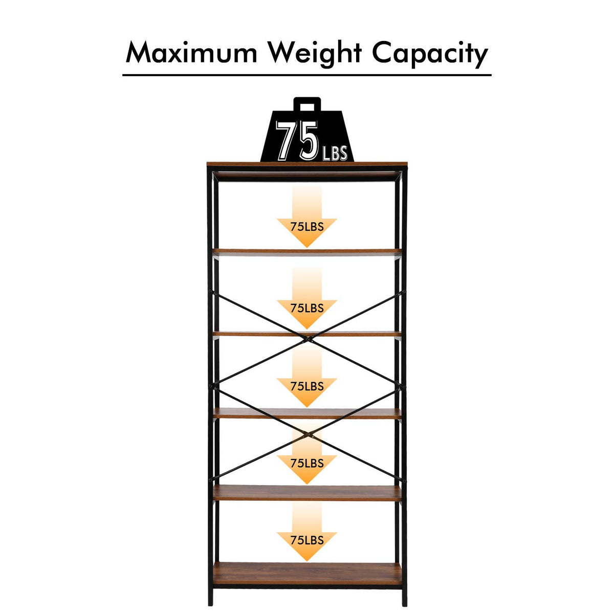 71" Tall 5 Tier Wood and Metal Bookshelf W31015