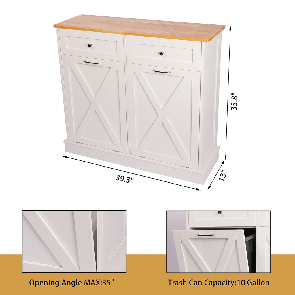 White 2 x 10 Gallon Wooden Tilt Out Trash Can Cabinet P57416