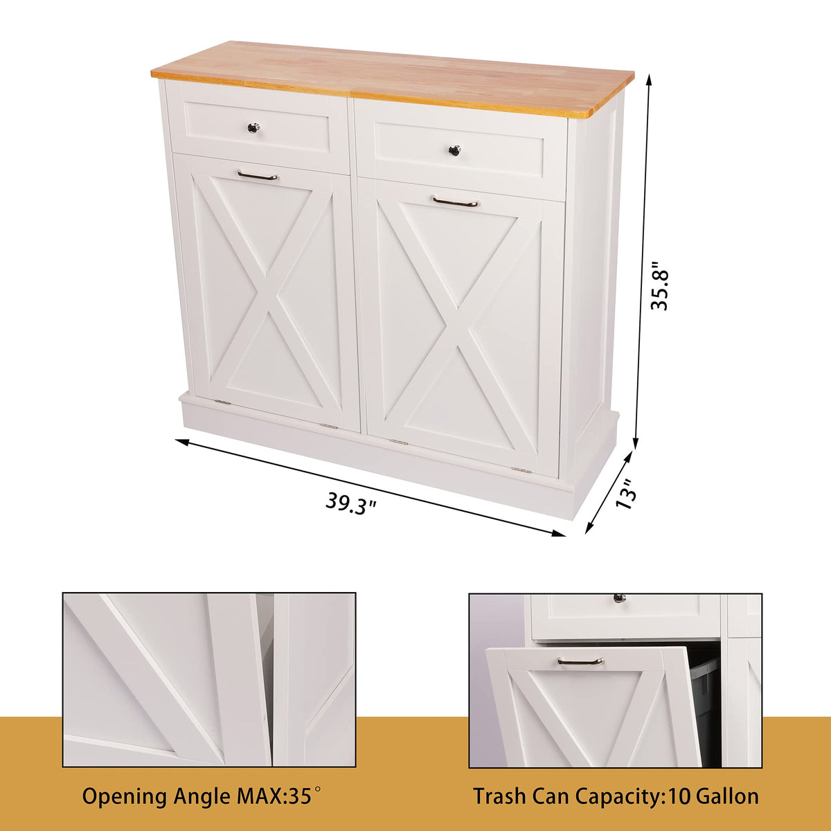 White 2 x 10 Gallon Wooden Tilt Out Trash Can Cabinet P57416