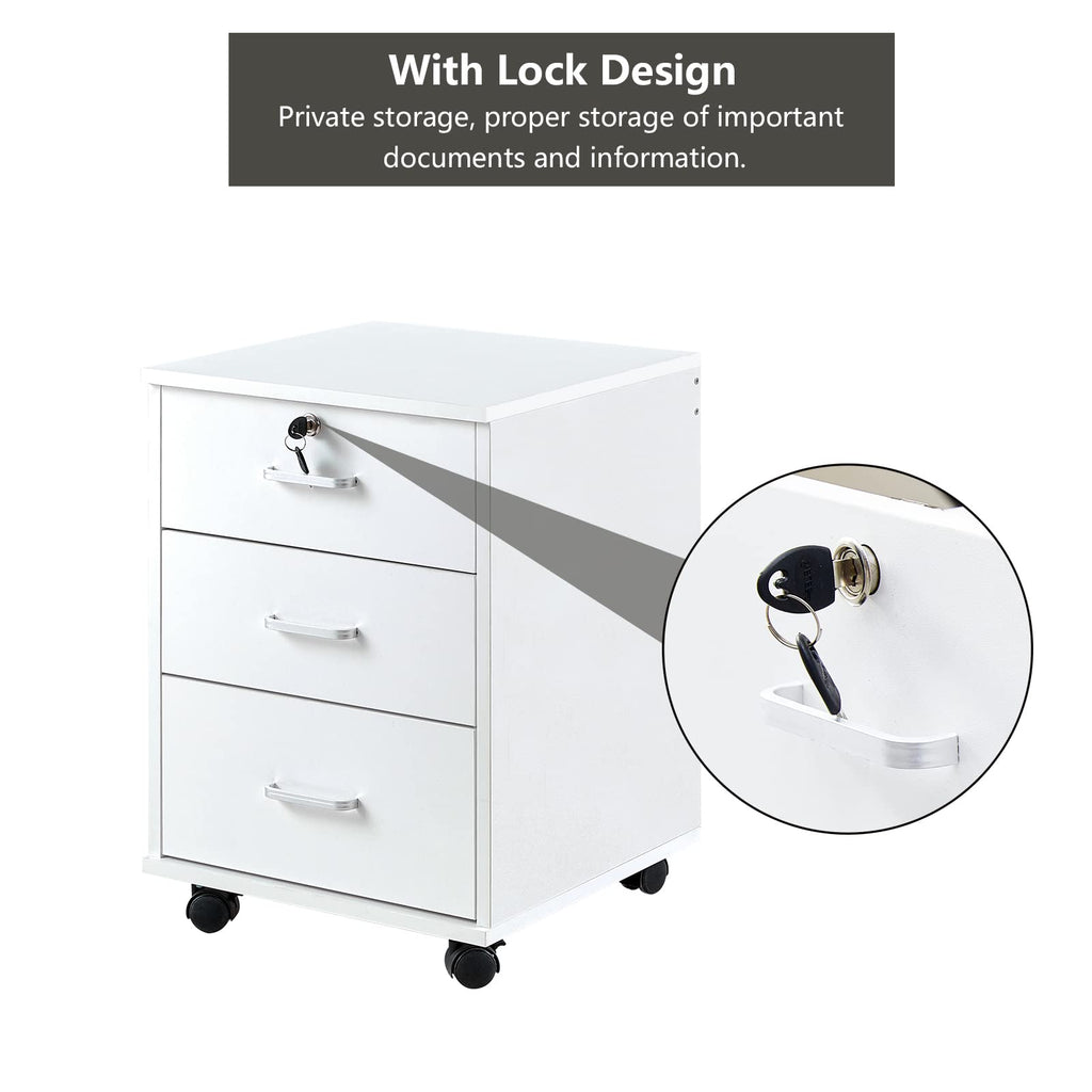 White 3 Drawer Rolling Wood File Cabinet D6937