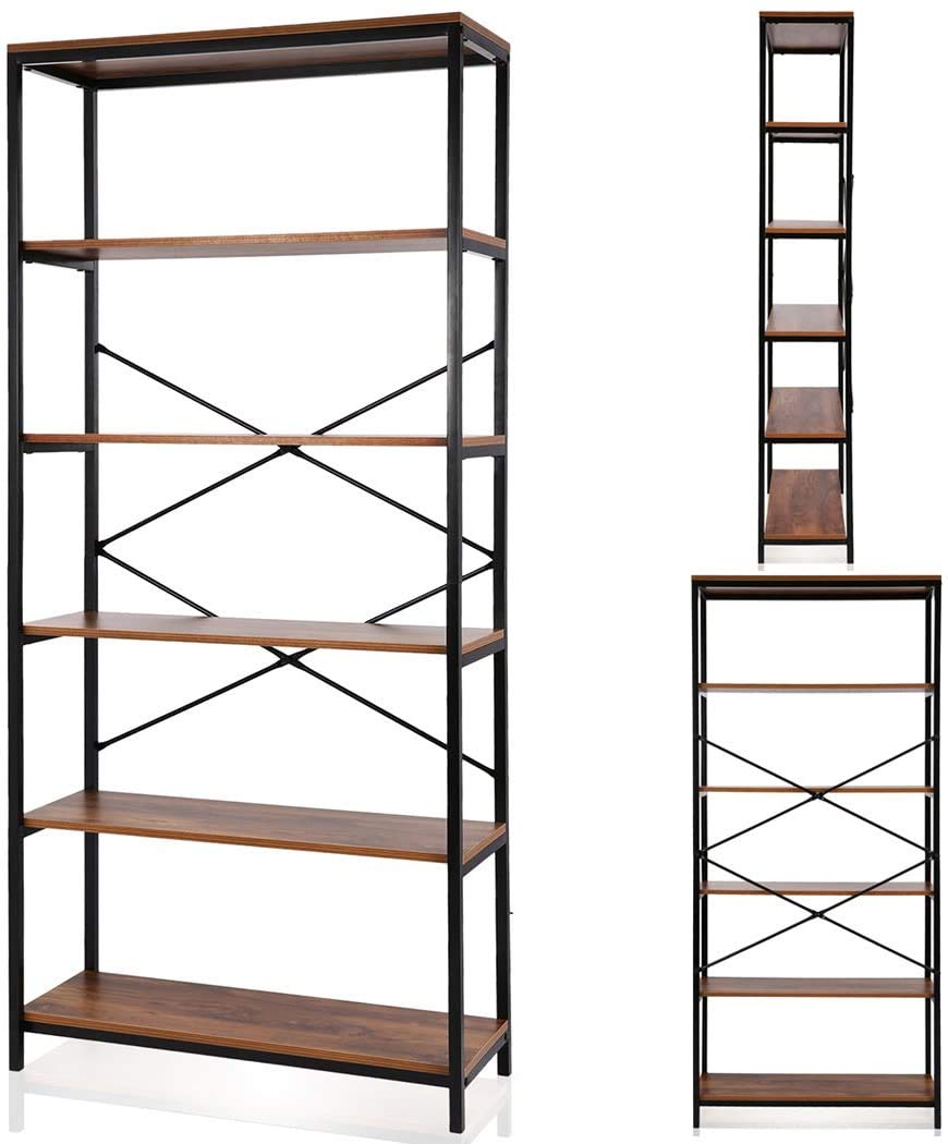 71" Tall 5 Tier Wood and Metal Bookshelf W31015