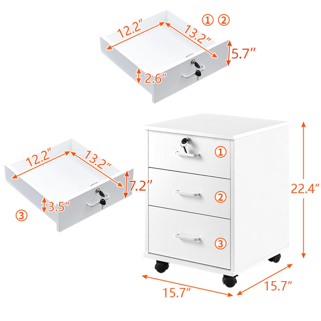 White 3 Drawer Rolling Wood File Cabinet D6937