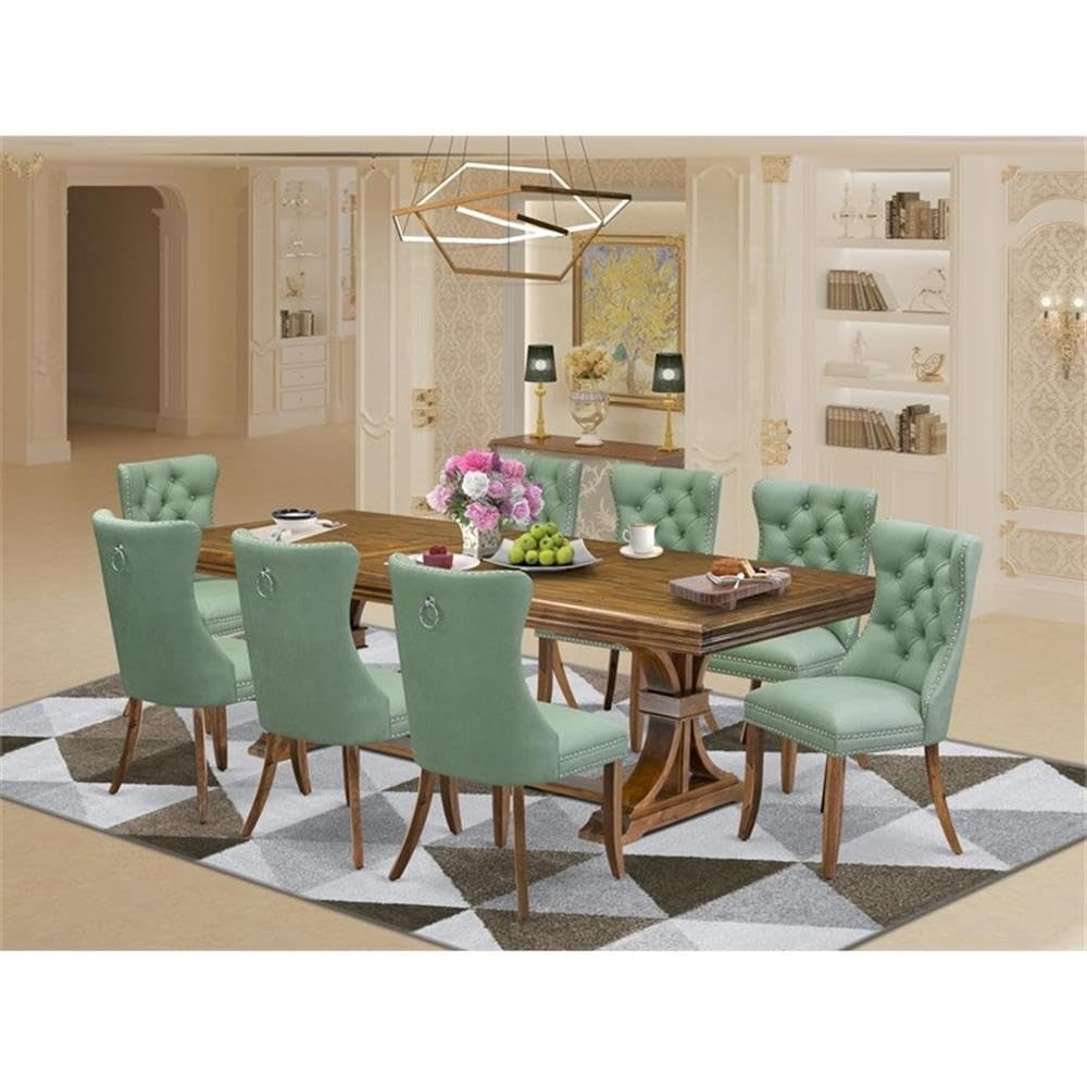 9-Piece Acacia Wood Dining Table Set with Green Faux Leather Chairs R488879