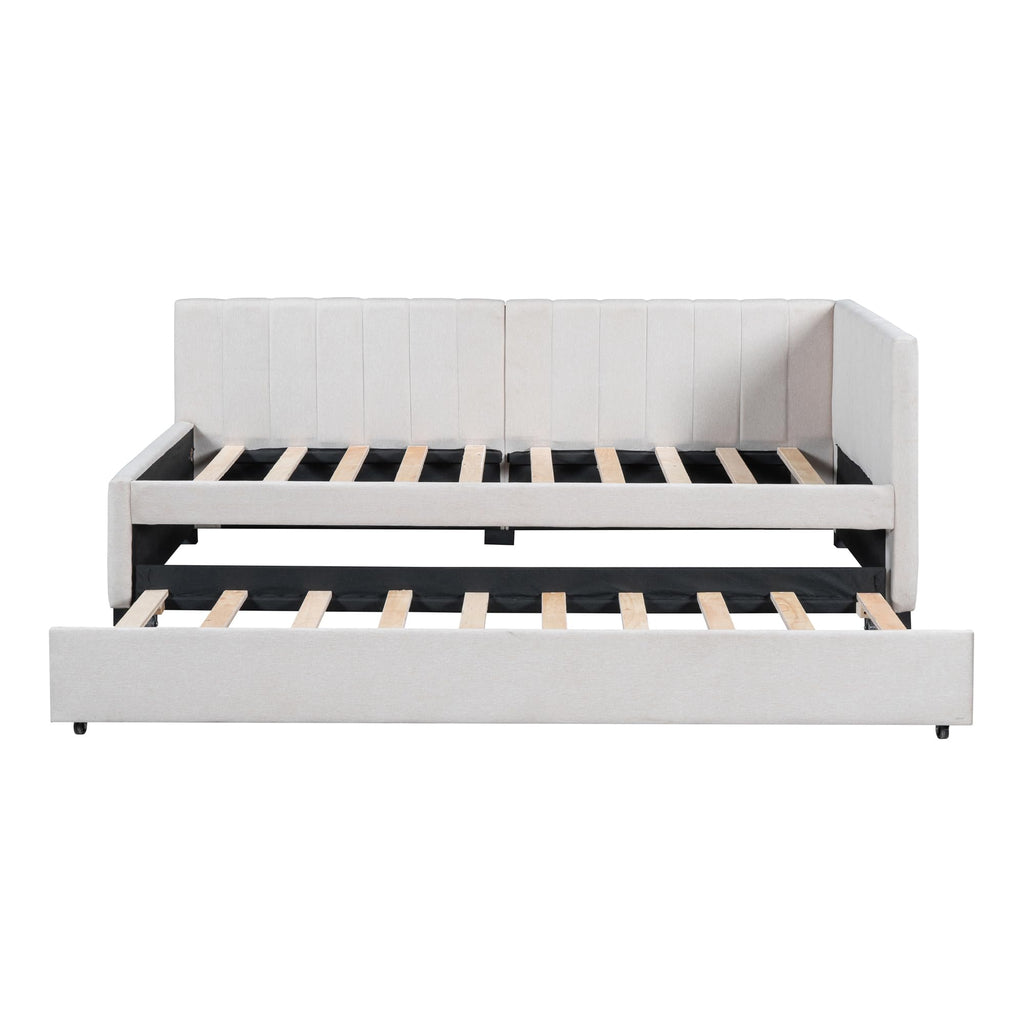 Upholstered Daybed with Trundle Linen Fabric Beige Twin C6682