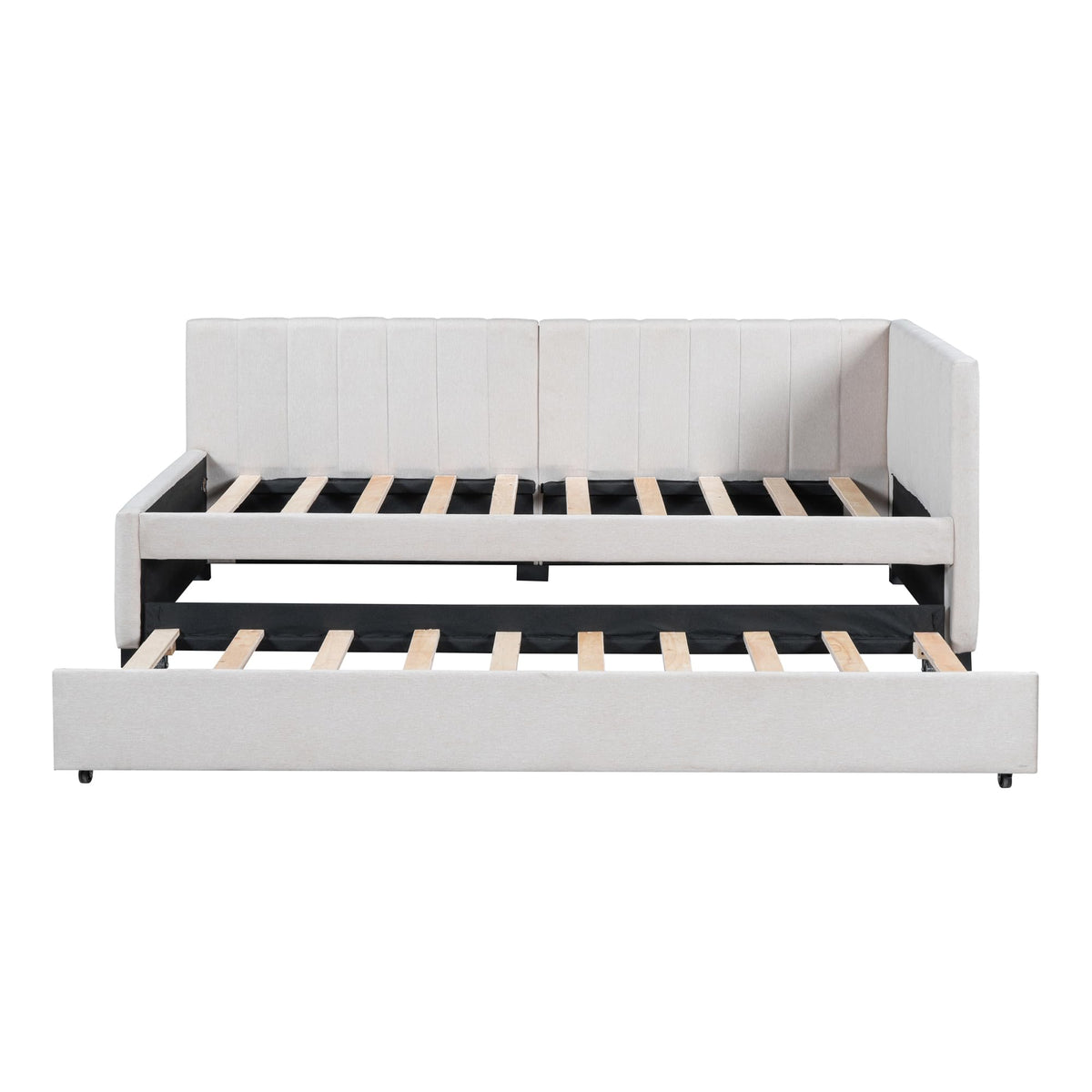 Upholstered Daybed with Trundle Linen Fabric Beige Twin C6682