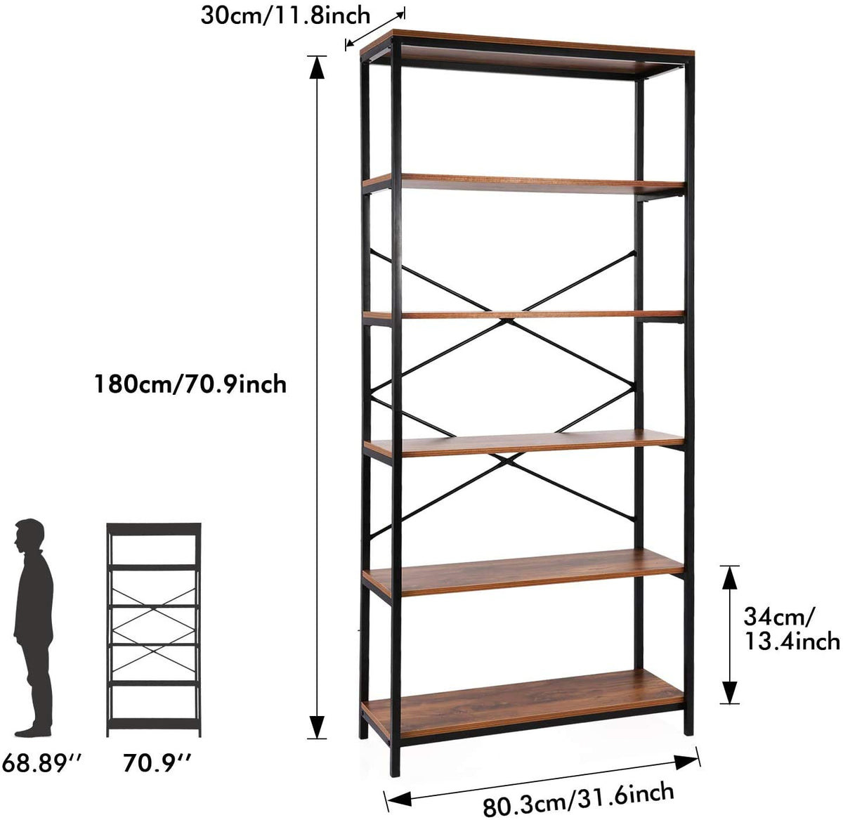 71" Tall 5 Tier Wood and Metal Bookshelf W31015