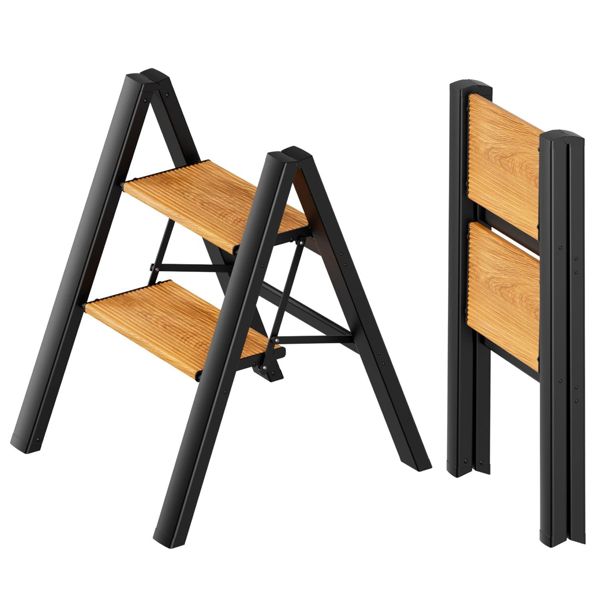 2 Step Folding Ladder, Black & Woodgrain A94230