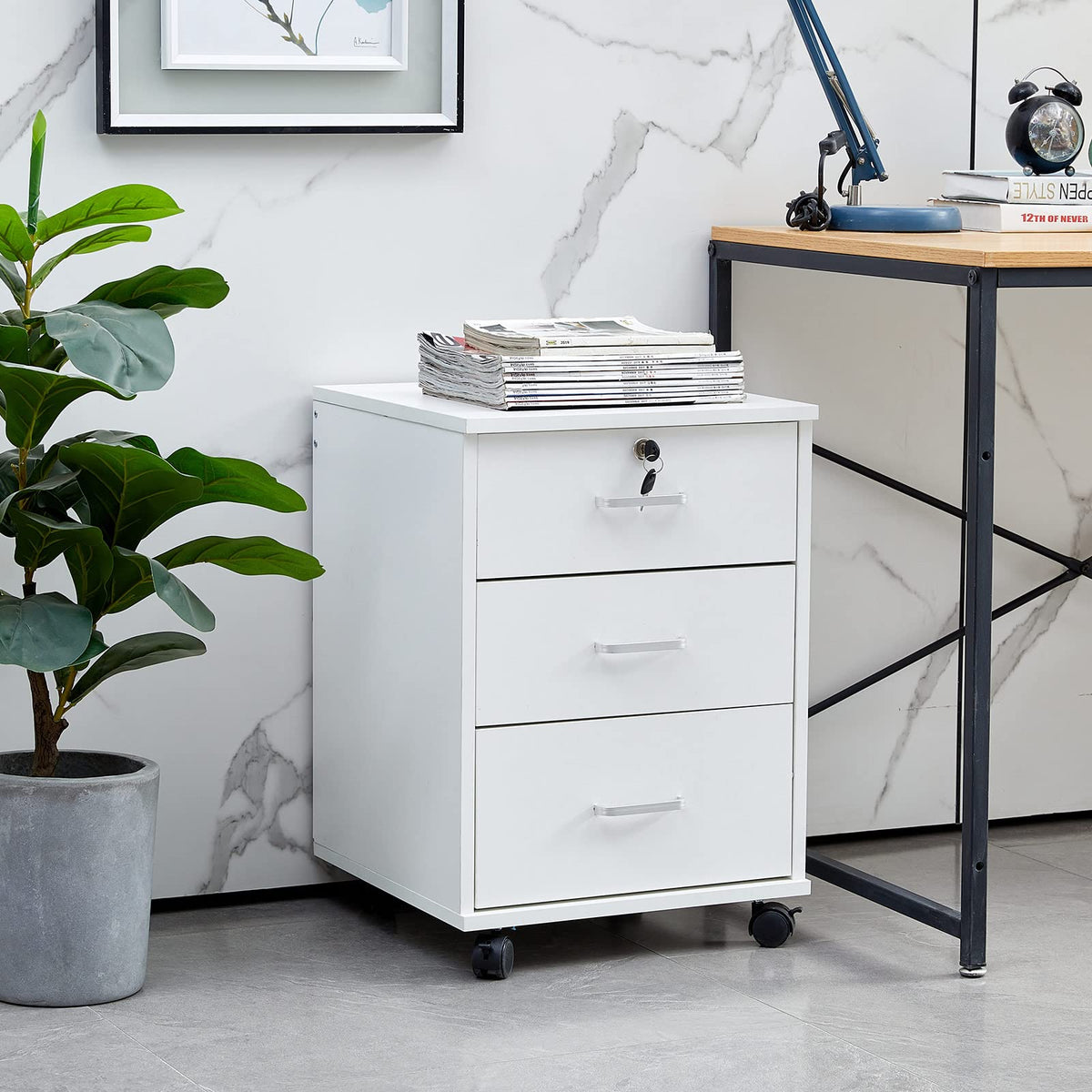White 3 Drawer Rolling Wood File Cabinet D6937