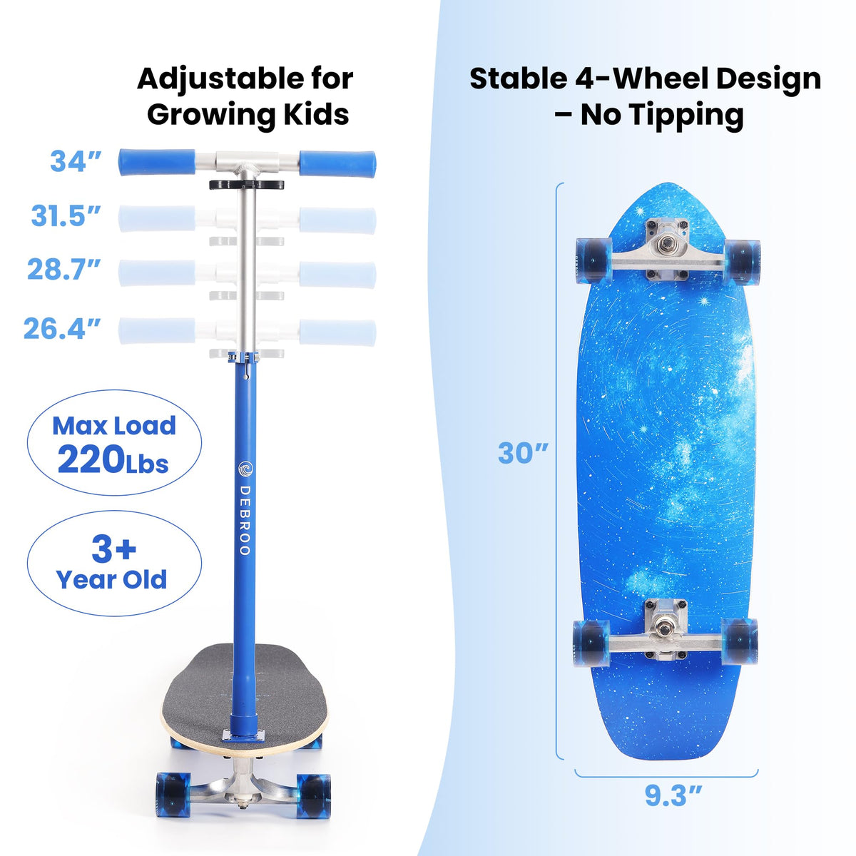 2-in-1 Kids Skateboard & Scooter with LED Light-Up Wheels, Adjustable Height, Blue P2736