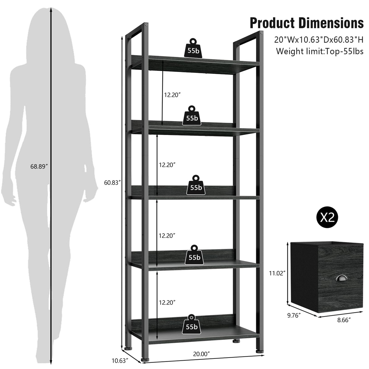 5-Tier Black Oak Bookshelf with 2 Storage Drawers C8633