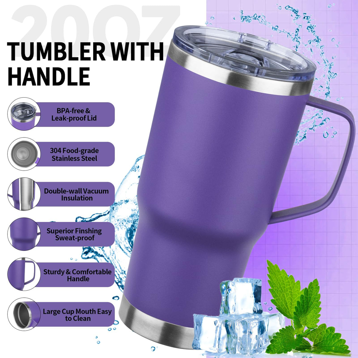 20oz Insulated Stainless Steel Tumbler with Handle and Straw I6234