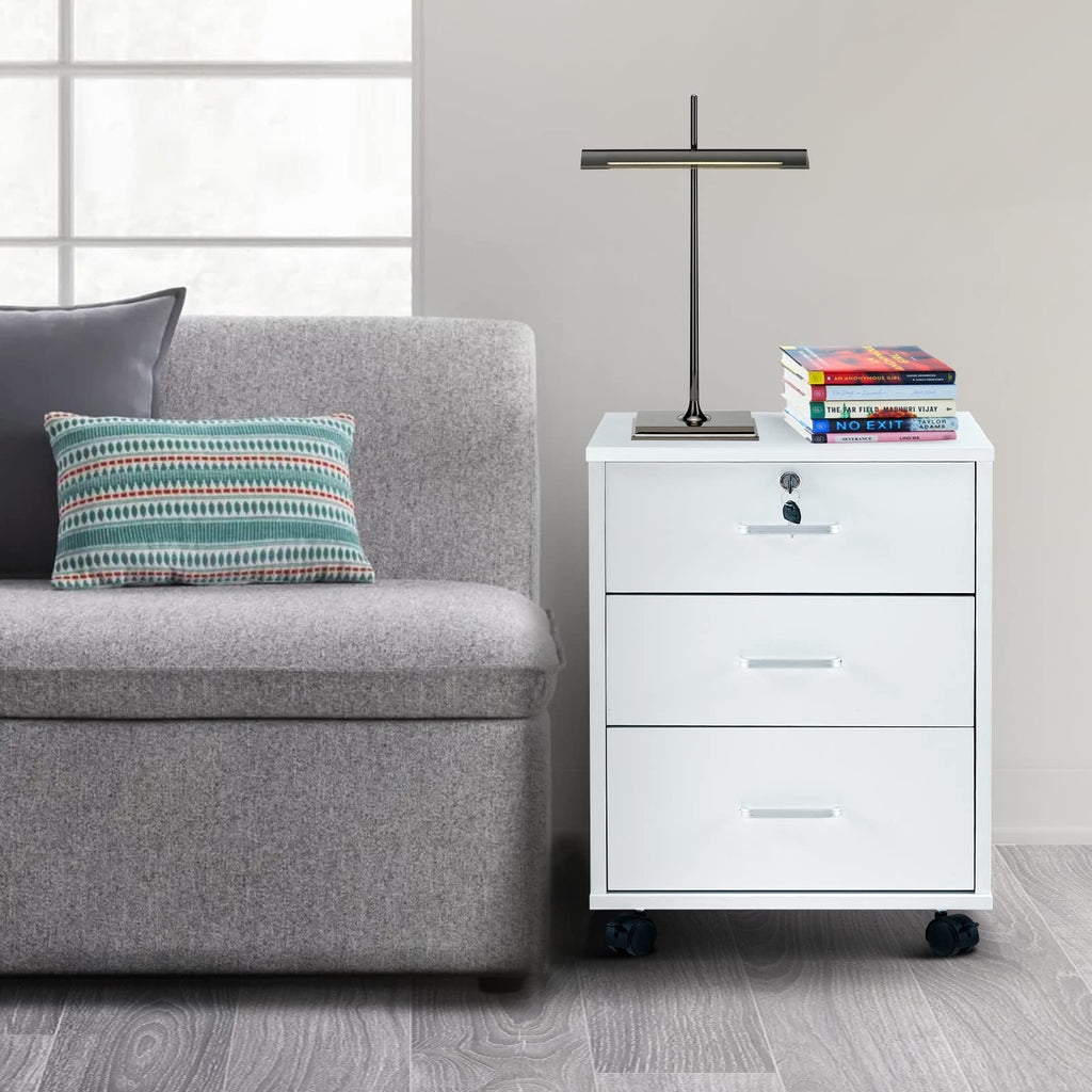 White 3 Drawer Rolling Wood File Cabinet D6937