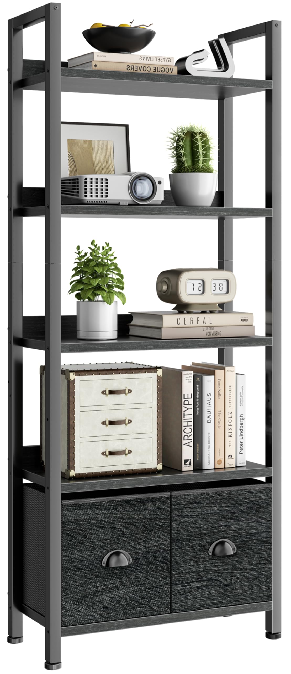 5-Tier Black Oak Bookshelf with 2 Storage Drawers C8633