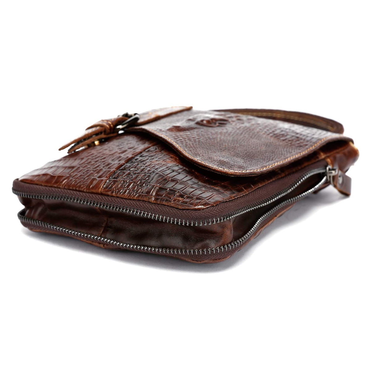 Brown Crocodile Embossed Genuine Leather Mini Messenger Bag N334
