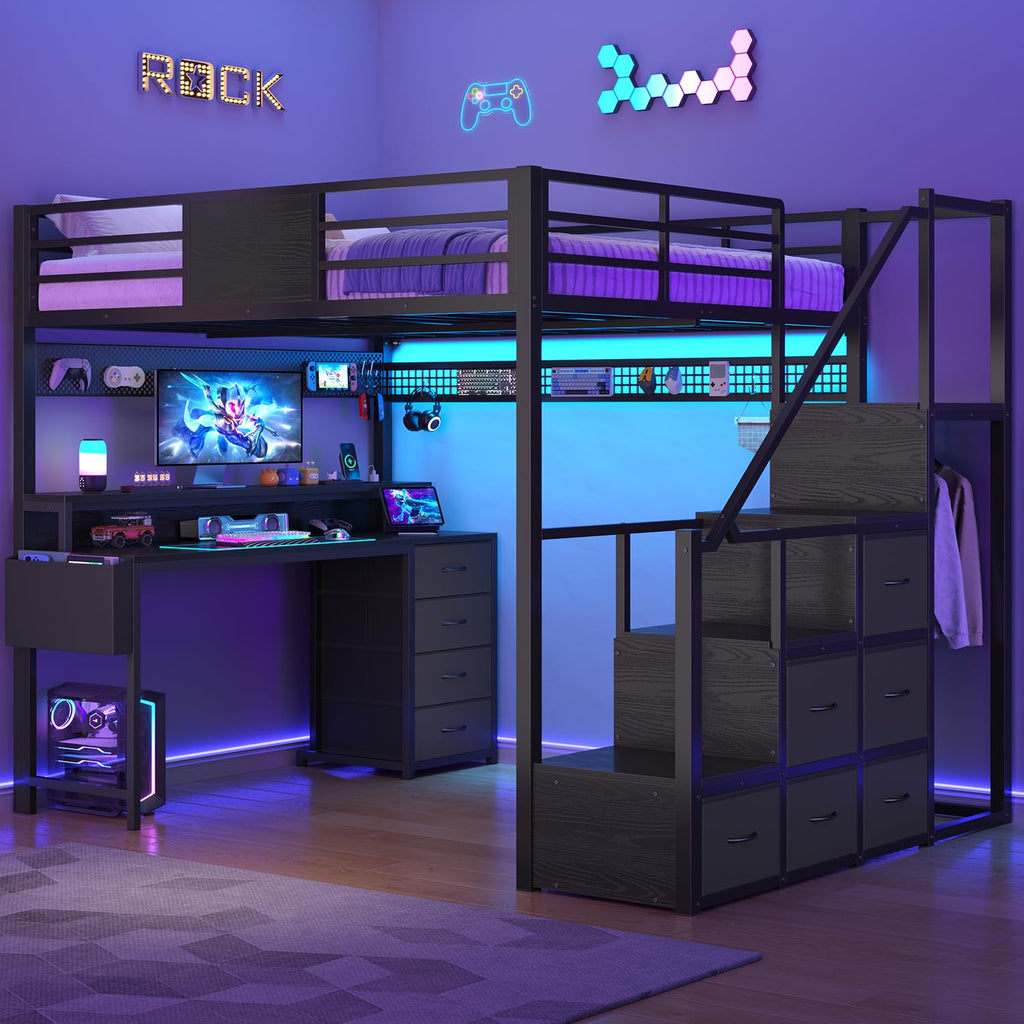 Full Size Loft Bed with Desk and Storage Stairs H985032