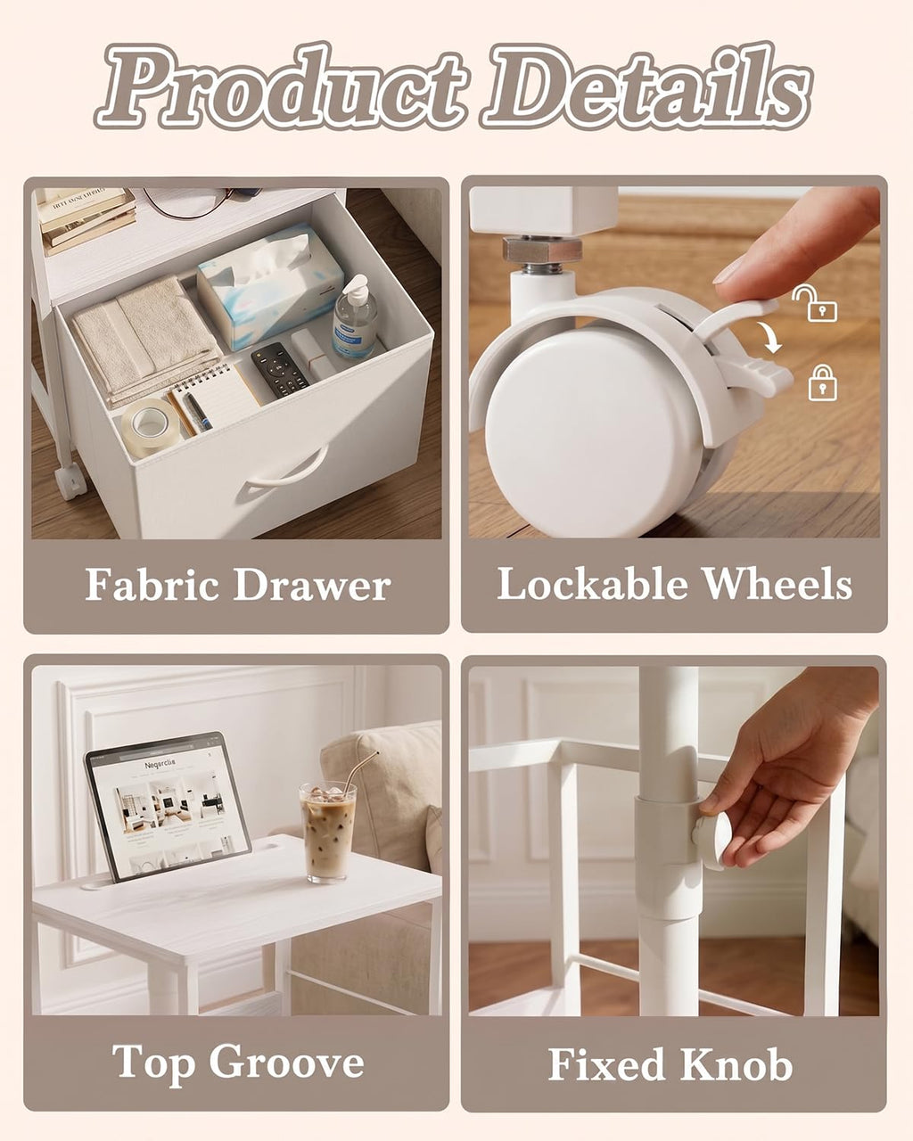 White Night Stand with Charging Station & Swivel Top M9226