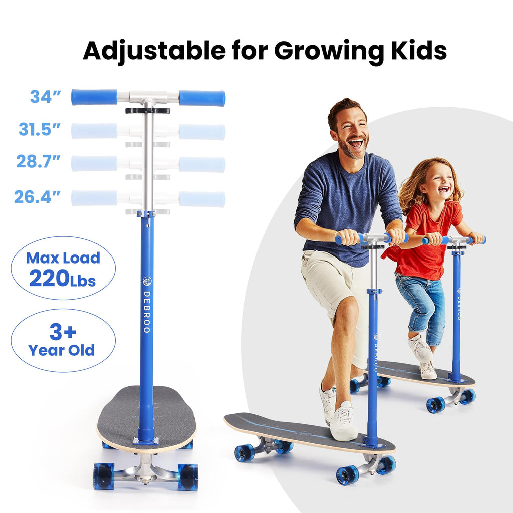 2-in-1 Kids Skateboard & Scooter with LED Light-Up Wheels, Adjustable Height, Blue P2736