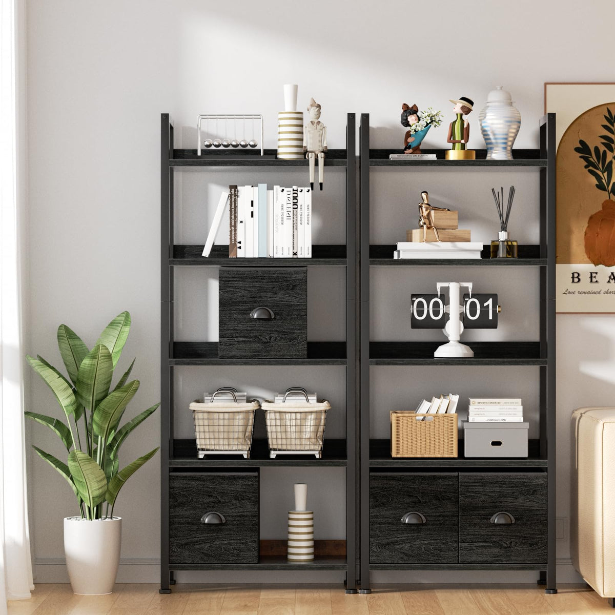 5-Tier Black Oak Bookshelf with 2 Storage Drawers C8633