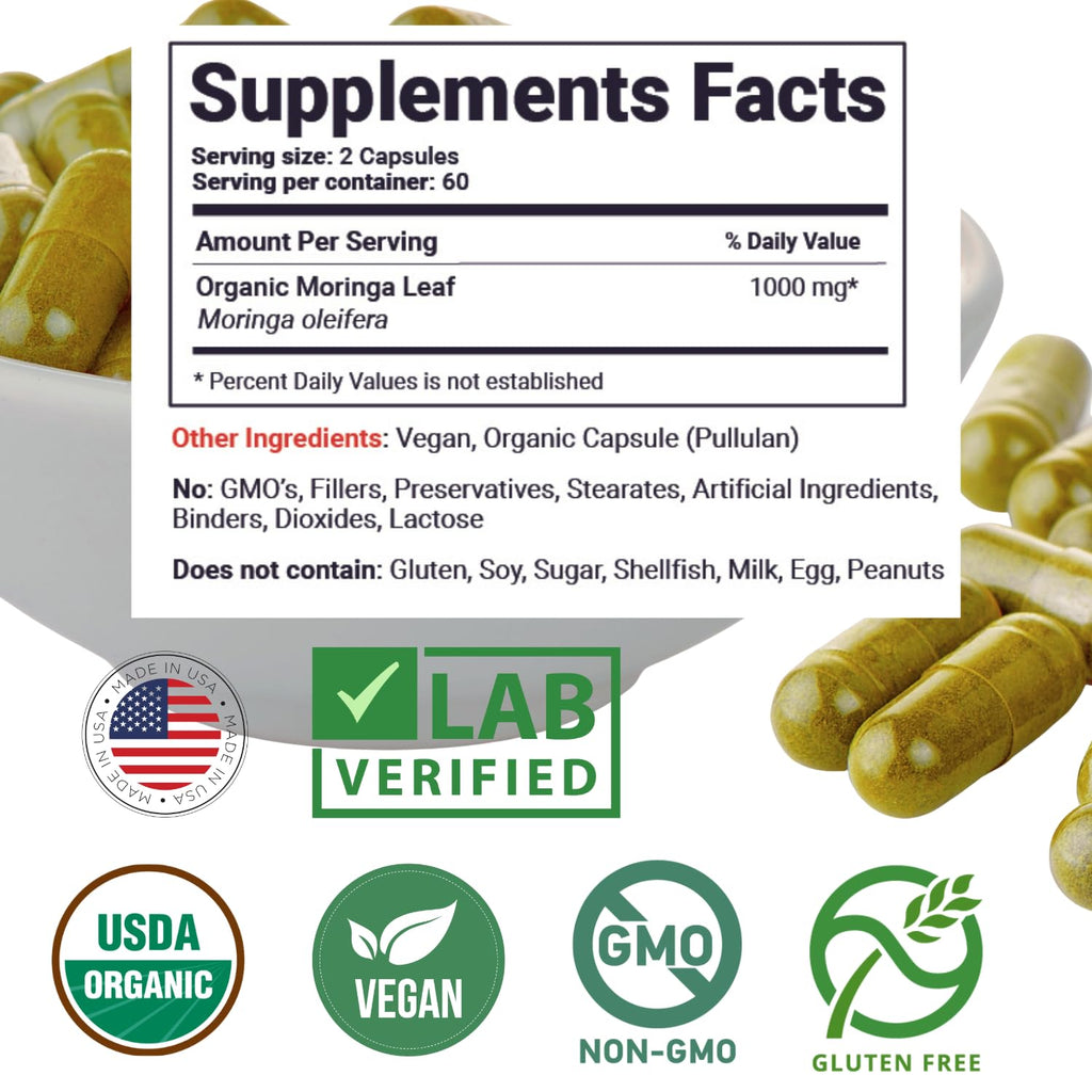 Organic Moringa Leaf Capsules 1000mg 120 Ct D67938