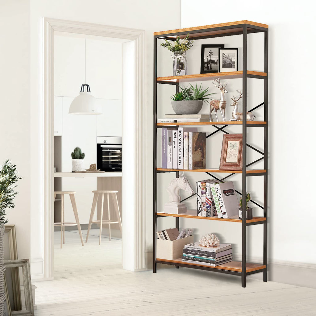 71" Tall 5 Tier Wood and Metal Bookshelf W31015