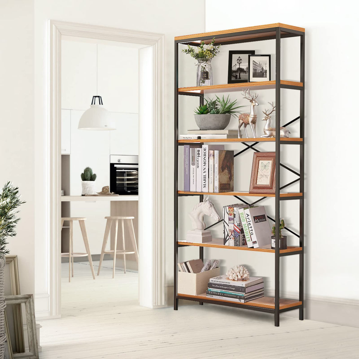 71" Tall 5 Tier Wood and Metal Bookshelf W31015