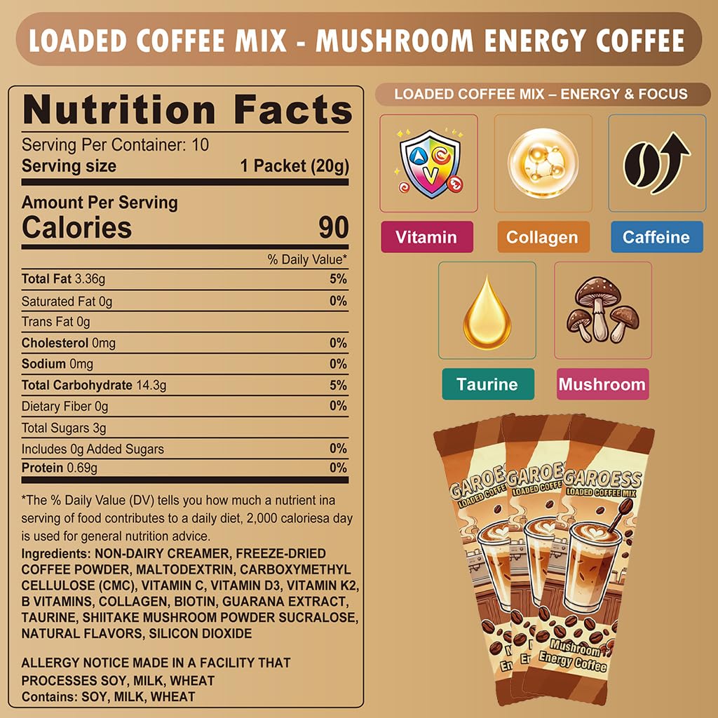 Coffee Mix with Mushroom Collagen Taurine and Vitamin Complex, 20 Servings 2 Pack U3795