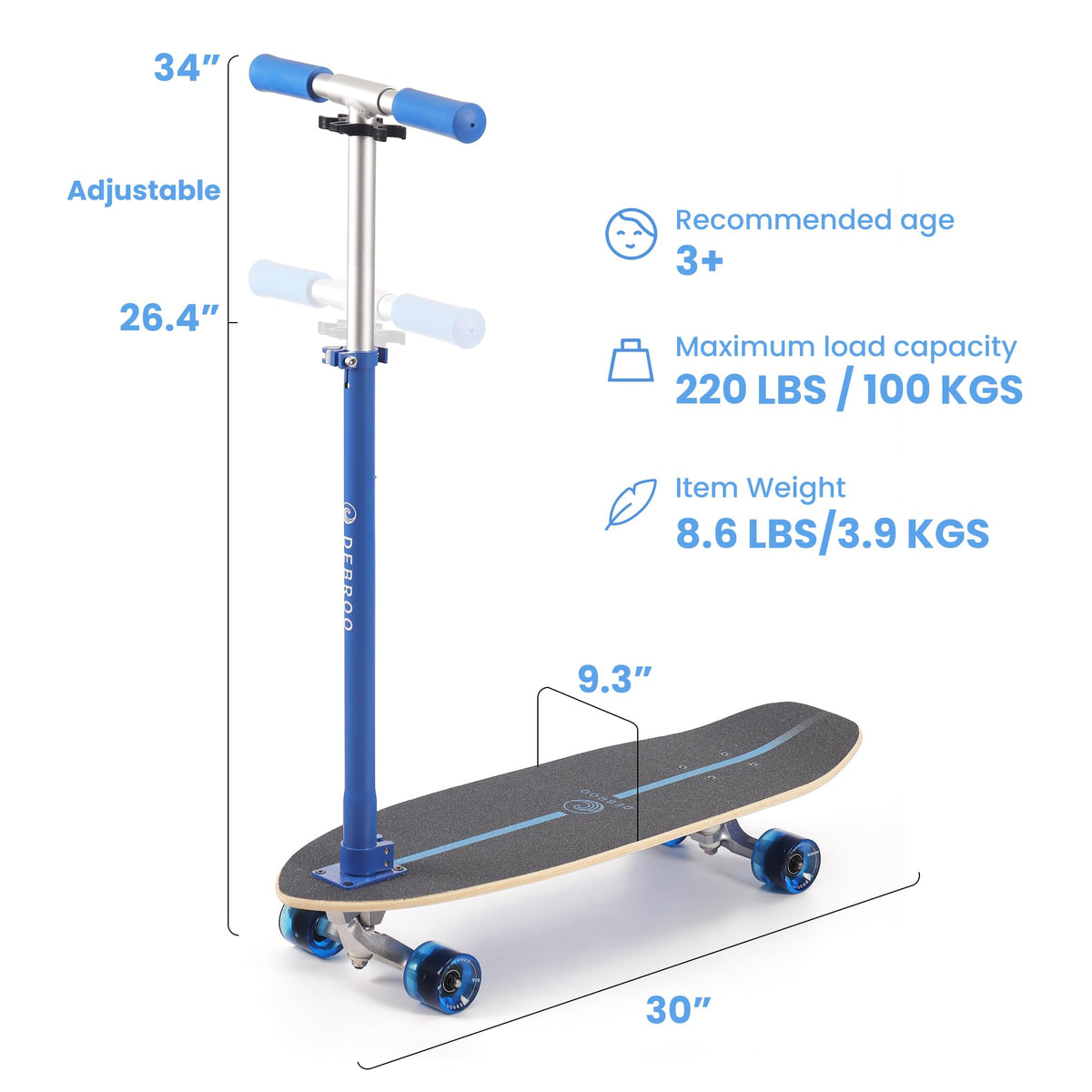 2-in-1 Kids Skateboard & Scooter with LED Light-Up Wheels, Adjustable Height, Blue P2736