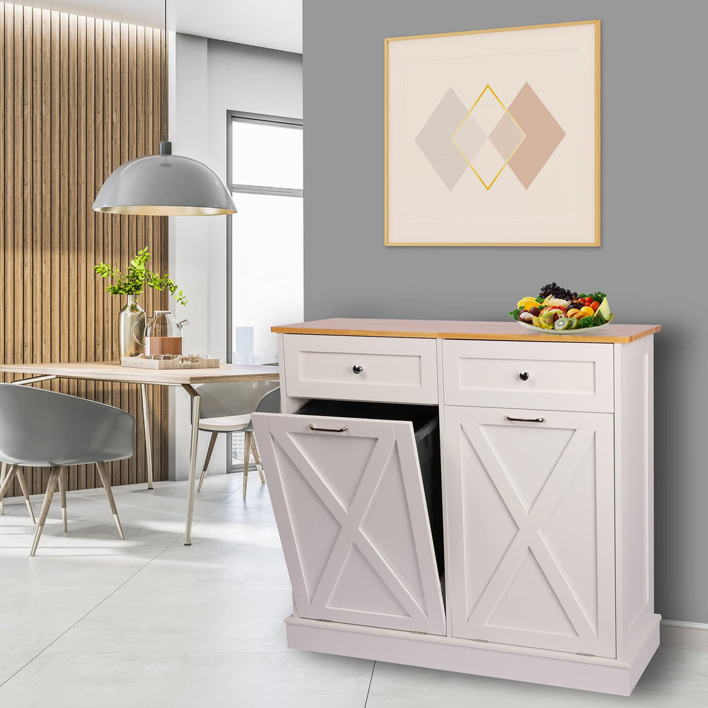White 2 x 10 Gallon Wooden Tilt Out Trash Can Cabinet P57416