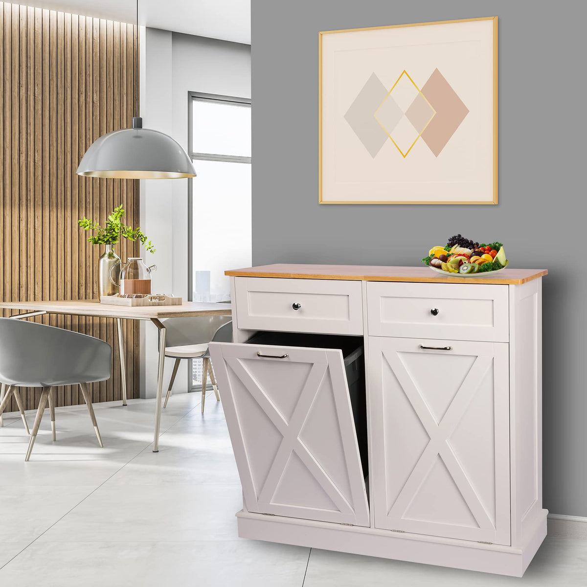 White 2 x 10 Gallon Wooden Tilt Out Trash Can Cabinet P57416
