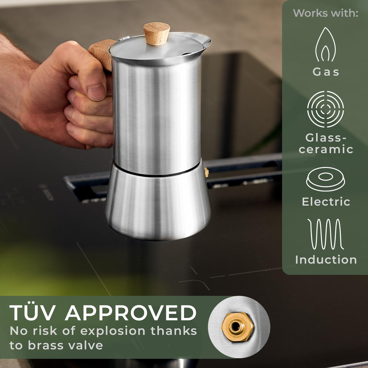 Stainless Steel Moka Pot 10oz Oak Wood Handle Stovetop Espresso Maker B6753