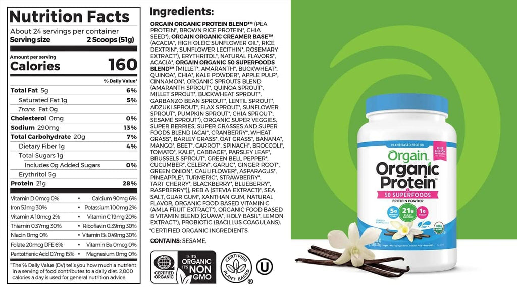 Organic Plant Based Protein Powder Vanilla Bean 2.74 Pound K95356