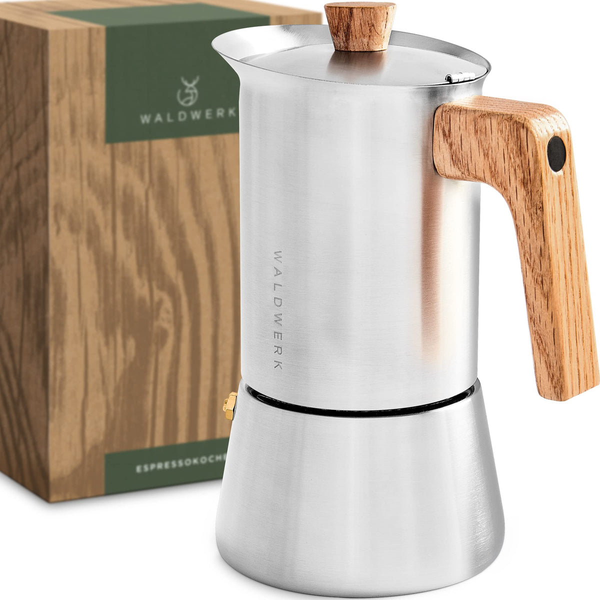 Stainless Steel Moka Pot 10oz Oak Wood Handle Stovetop Espresso Maker B6753