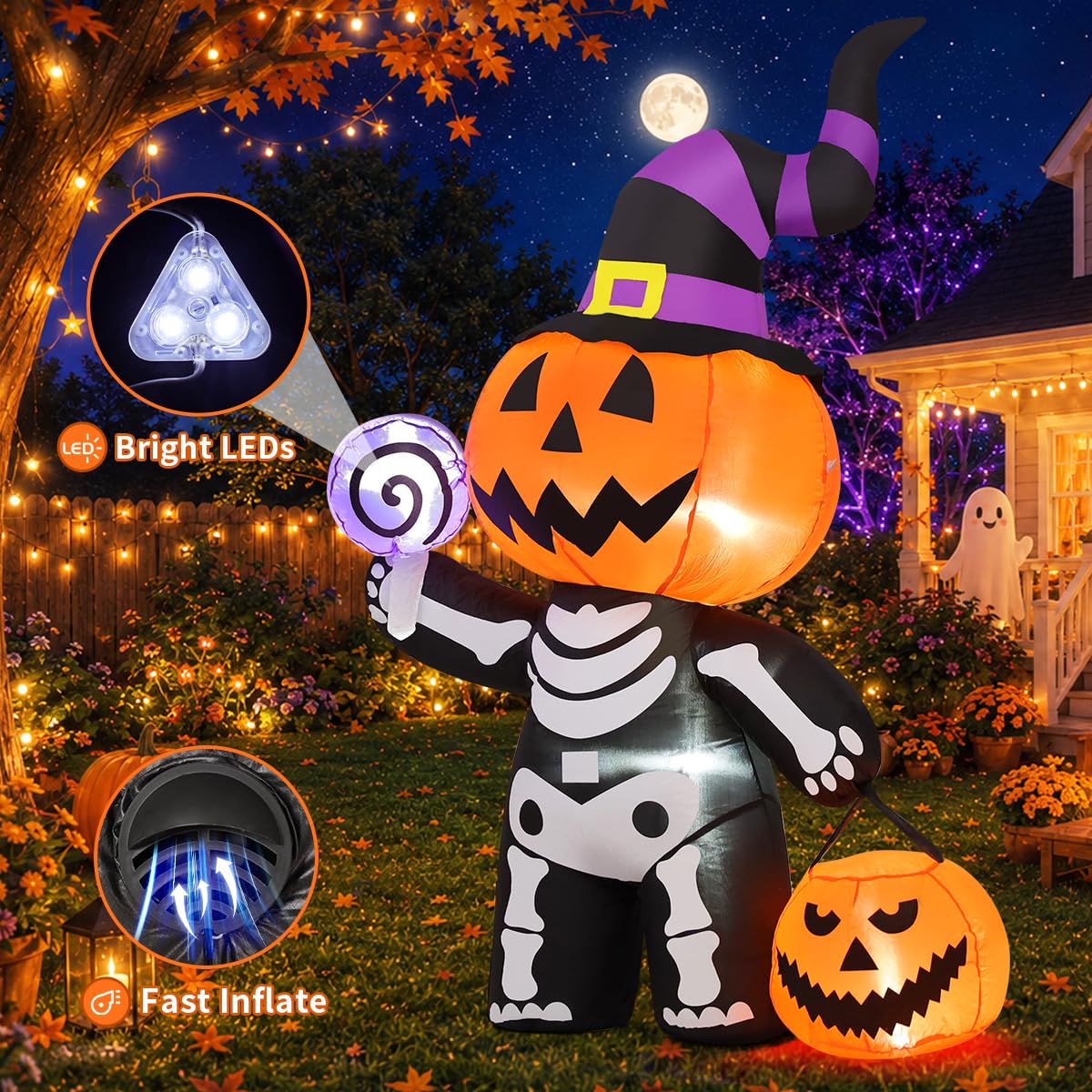 6 FT Inflatable Pumpkin Skull Outdoor Decoration with Built-in LEDs A8367