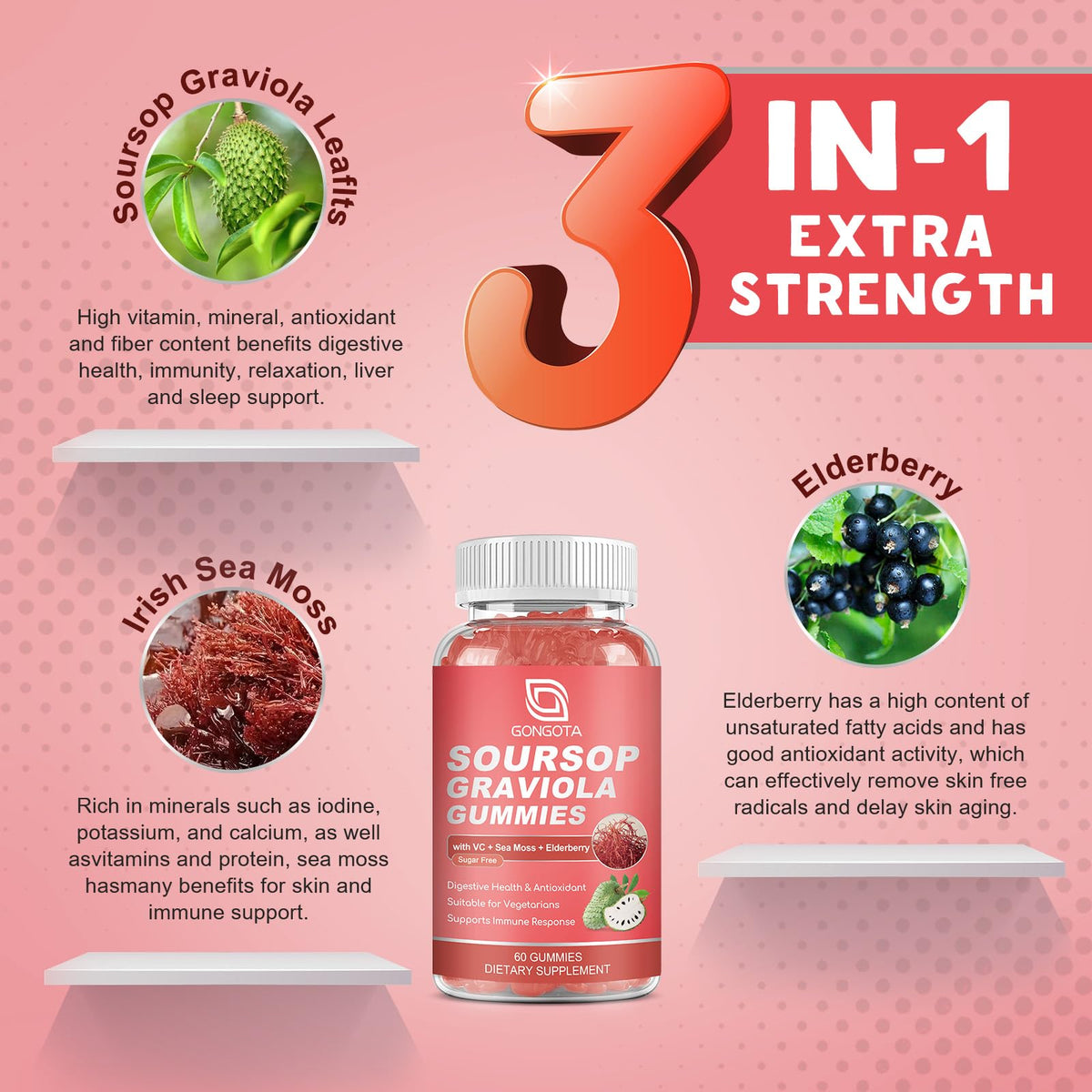 Soursop Graviola Gummies 2200mg Elderberry Sea Moss 60 Gummies E794