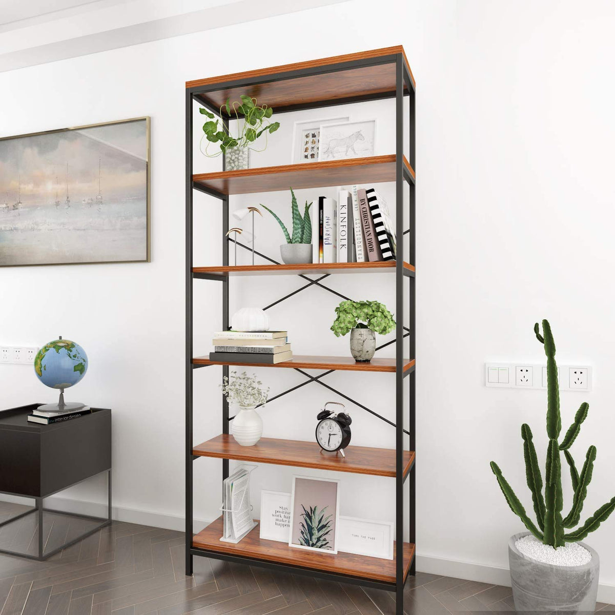 71" Tall 5 Tier Wood and Metal Bookshelf W31015
