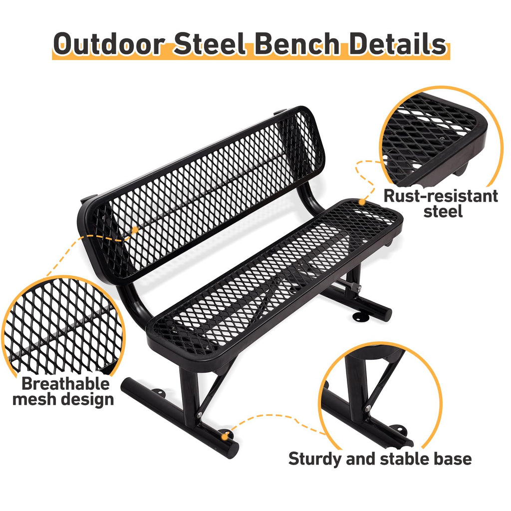 4Ft Black Metal Outdoor Bench with Back X53752