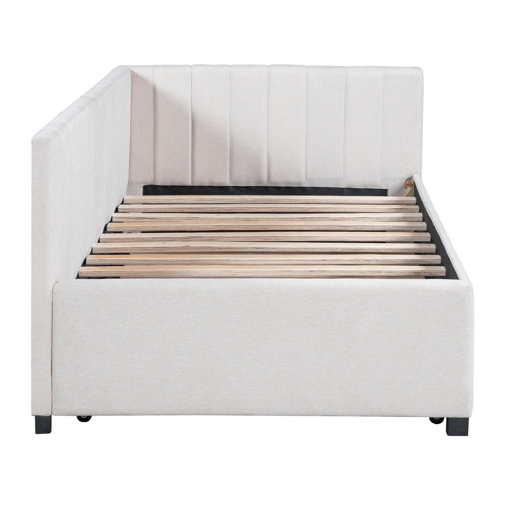 Upholstered Daybed with Trundle Linen Fabric Beige Twin C6682