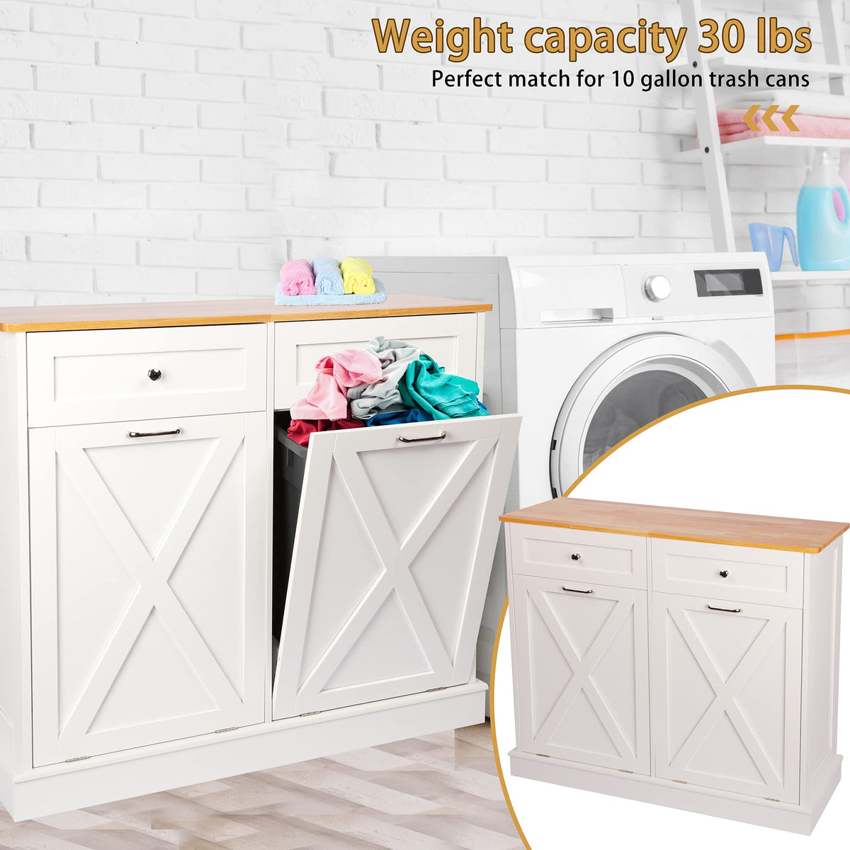 White 2 x 10 Gallon Wooden Tilt Out Trash Can Cabinet P57416