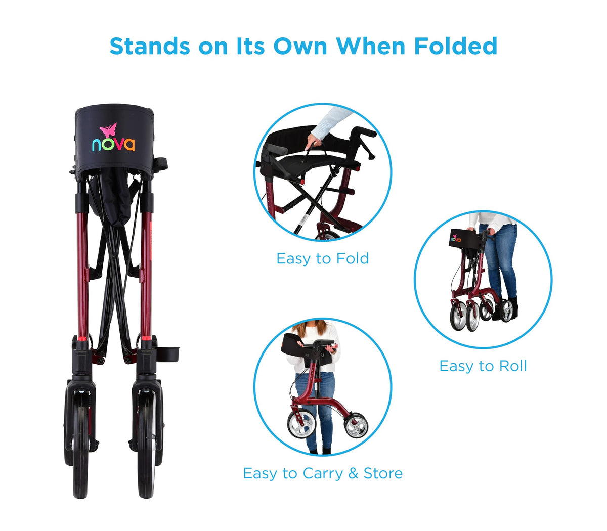 Red Compact Foldable Rollator Walker with Cane Holder S8338