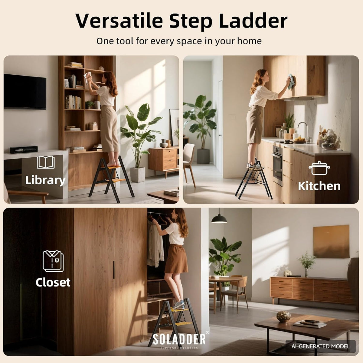 2 Step Folding Ladder, Black & Woodgrain A94230