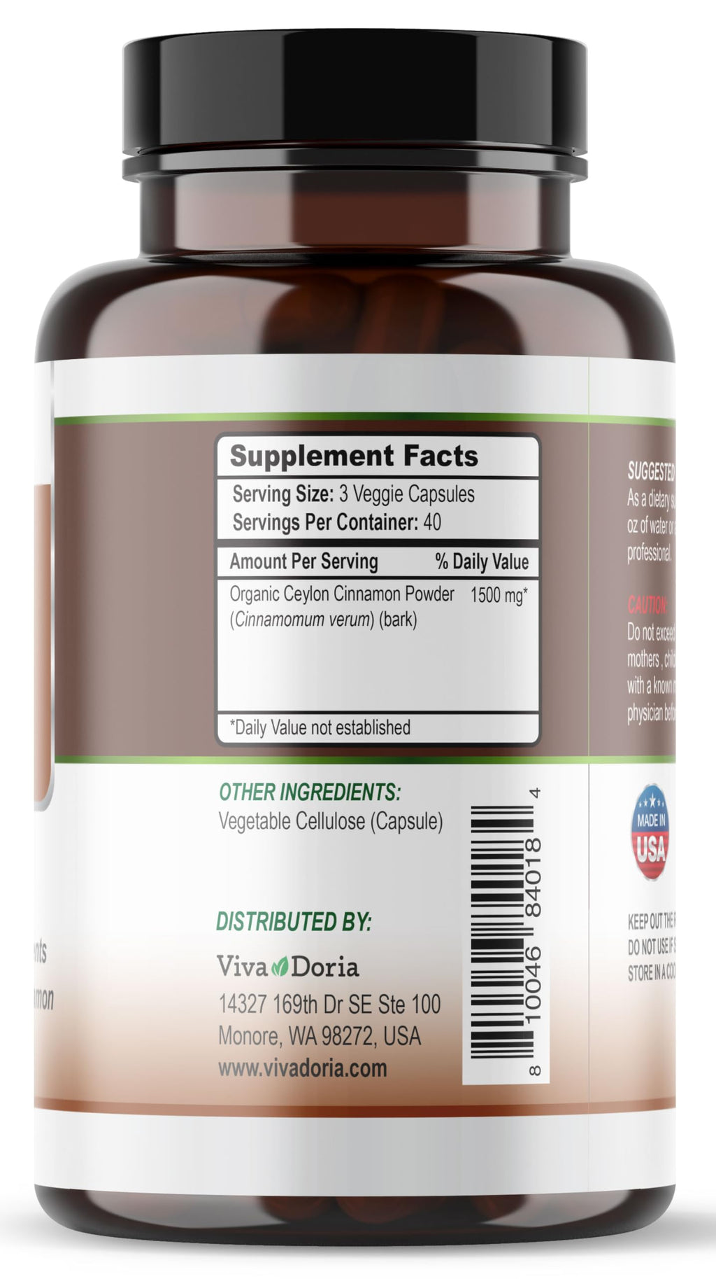 Ceylon Cinnamon 120 Veggie Capsules 1500mg Gelatin Free H100