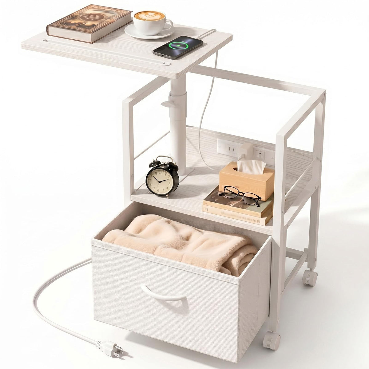 White Night Stand with Charging Station & Swivel Top M9226